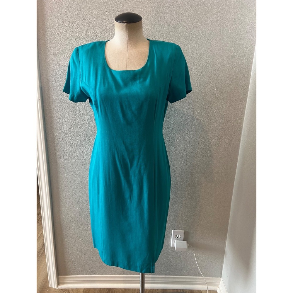 Vintage Jennifer James Petite 6 Teal Sheath Dress Short Sleeve Rayon 80s 90s